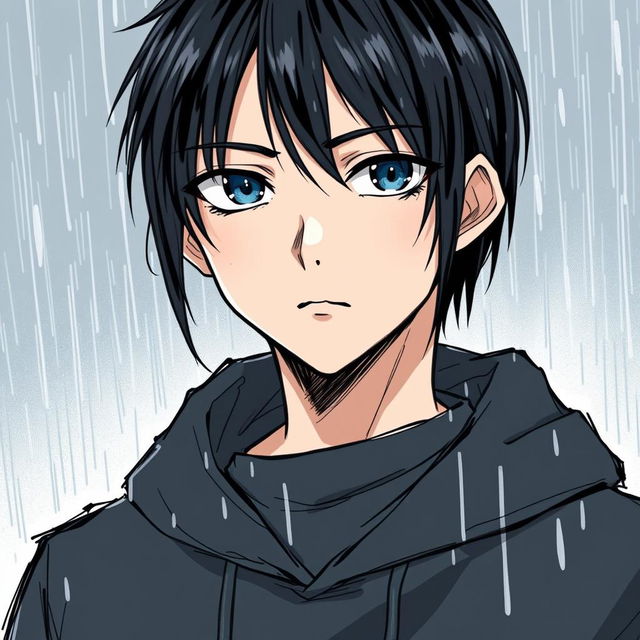 A manga-style young man with black straight hair, wearing a black hoodie