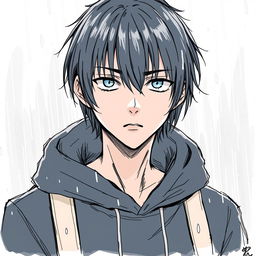 A manga-style young man with black straight hair, wearing a black hoodie