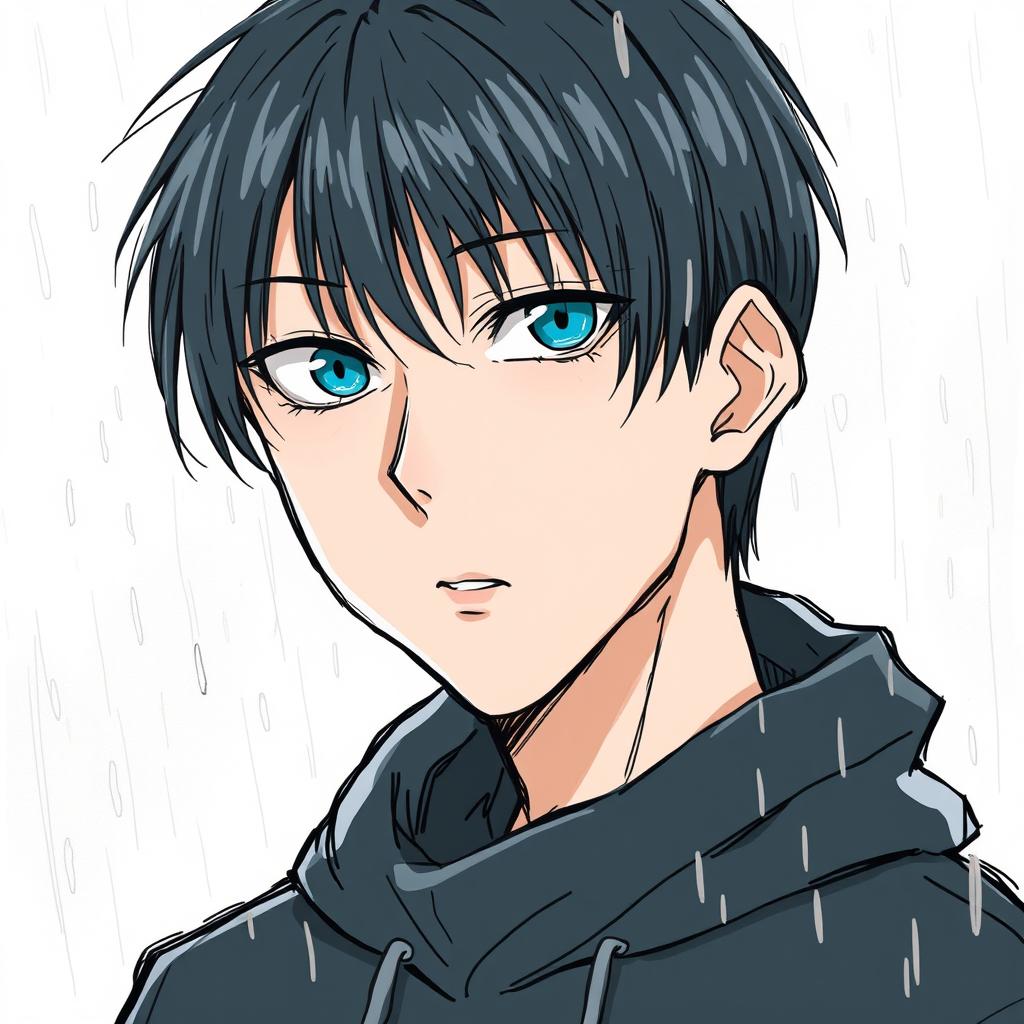 A manga-style young man with black straight hair, wearing a black hoodie