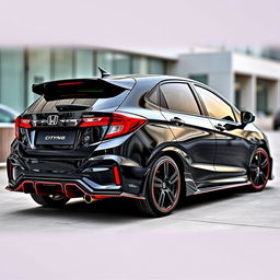 A highly customized 2023 Honda City hatchback with an aggressive body kit and tuning features, displayed in a sleek black finish