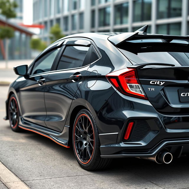 A highly customized 2023 Honda City hatchback with an aggressive body kit and tuning features, displayed in a sleek black finish