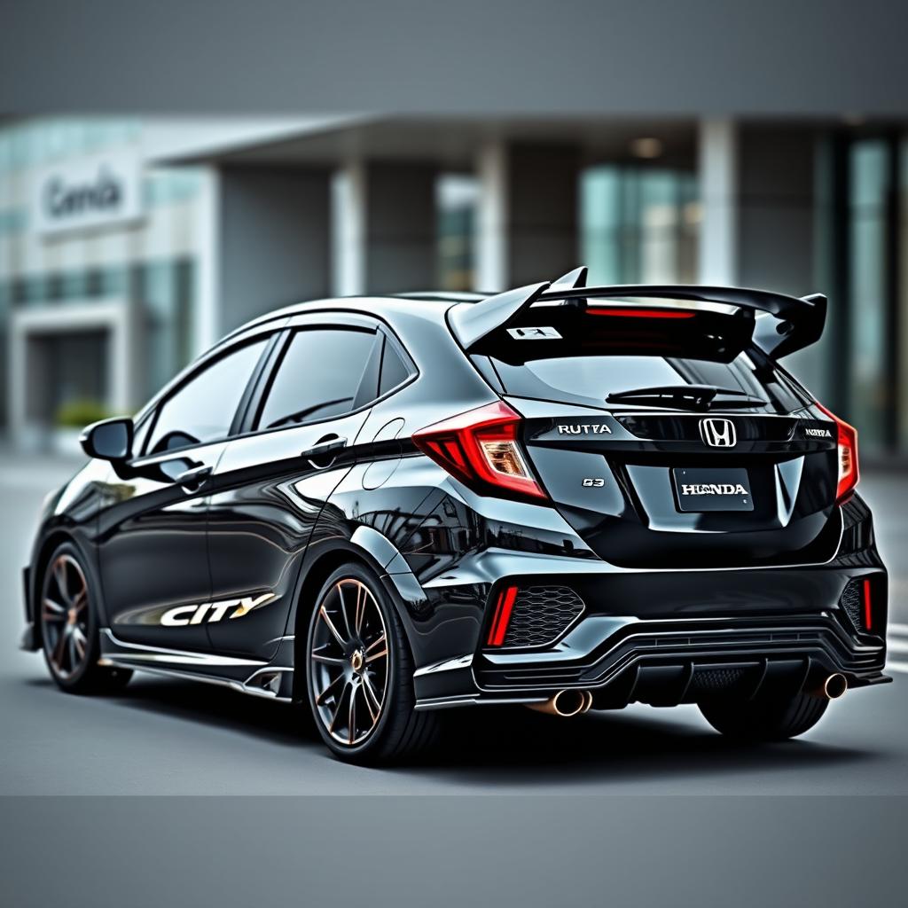 A highly customized 2023 Honda City hatchback with an aggressive body kit and tuning features, displayed in a sleek black finish