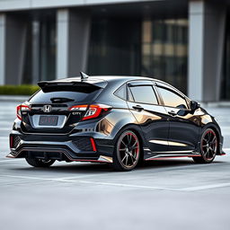 A highly customized 2023 Honda City hatchback with an aggressive body kit and tuning features, displayed in a sleek black finish