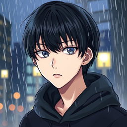 A manga-style illustration of a young man with black straight hair wearing a black hoodie