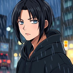 A manga-style illustration of a young man with black straight hair wearing a black hoodie