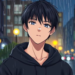 A manga-style illustration of a young man with black straight hair wearing a black hoodie