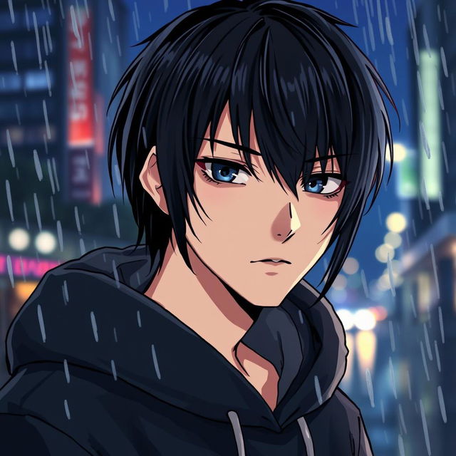 A manga-style illustration of a young man with black straight hair wearing a black hoodie