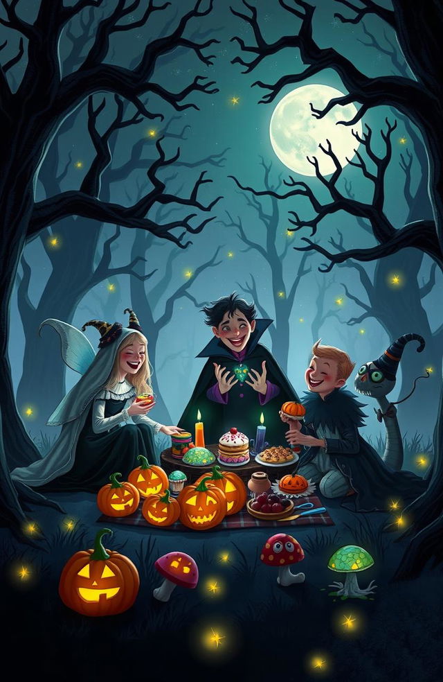 A whimsical scene blending elements of horror and fantasy, depicting a group of friends enjoying a joyful moment together