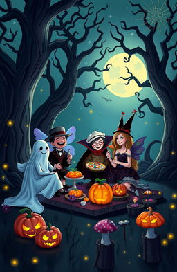 A whimsical scene blending elements of horror and fantasy, depicting a group of friends enjoying a joyful moment together