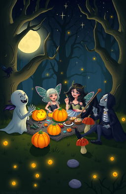 A whimsical scene blending elements of horror and fantasy, depicting a group of friends enjoying a joyful moment together