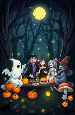 A whimsical scene blending elements of horror and fantasy, depicting a group of friends enjoying a joyful moment together