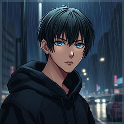 A full-figure manga young man with black straight hair wearing a black hoodie, displaying a serious expression