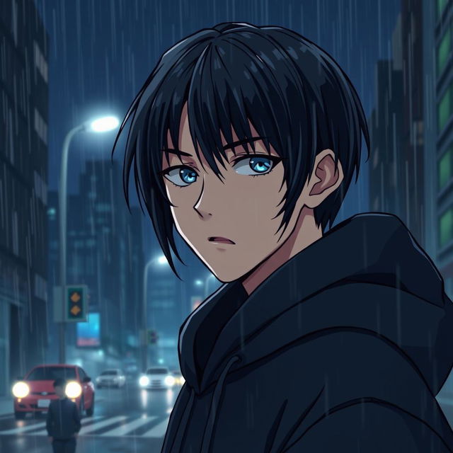 A full-figure manga young man with black straight hair wearing a black hoodie, displaying a serious expression