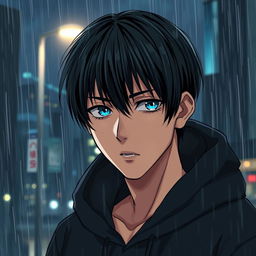 A full-figure manga young man with black straight hair wearing a black hoodie, displaying a serious expression