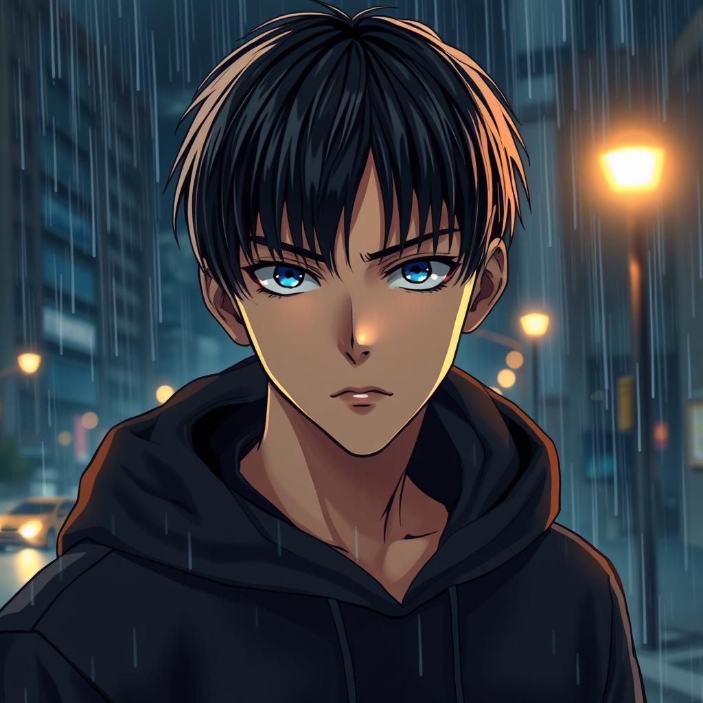 A full-figure manga young man with black straight hair wearing a black hoodie, displaying a serious expression