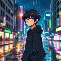 A full-body illustration of a manga-style boy walking down a city street at night