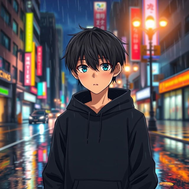 A full-body illustration of a manga-style boy walking down a city street at night