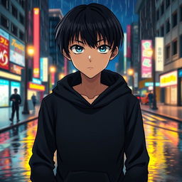 A full-body illustration of a manga-style boy walking down a city street at night