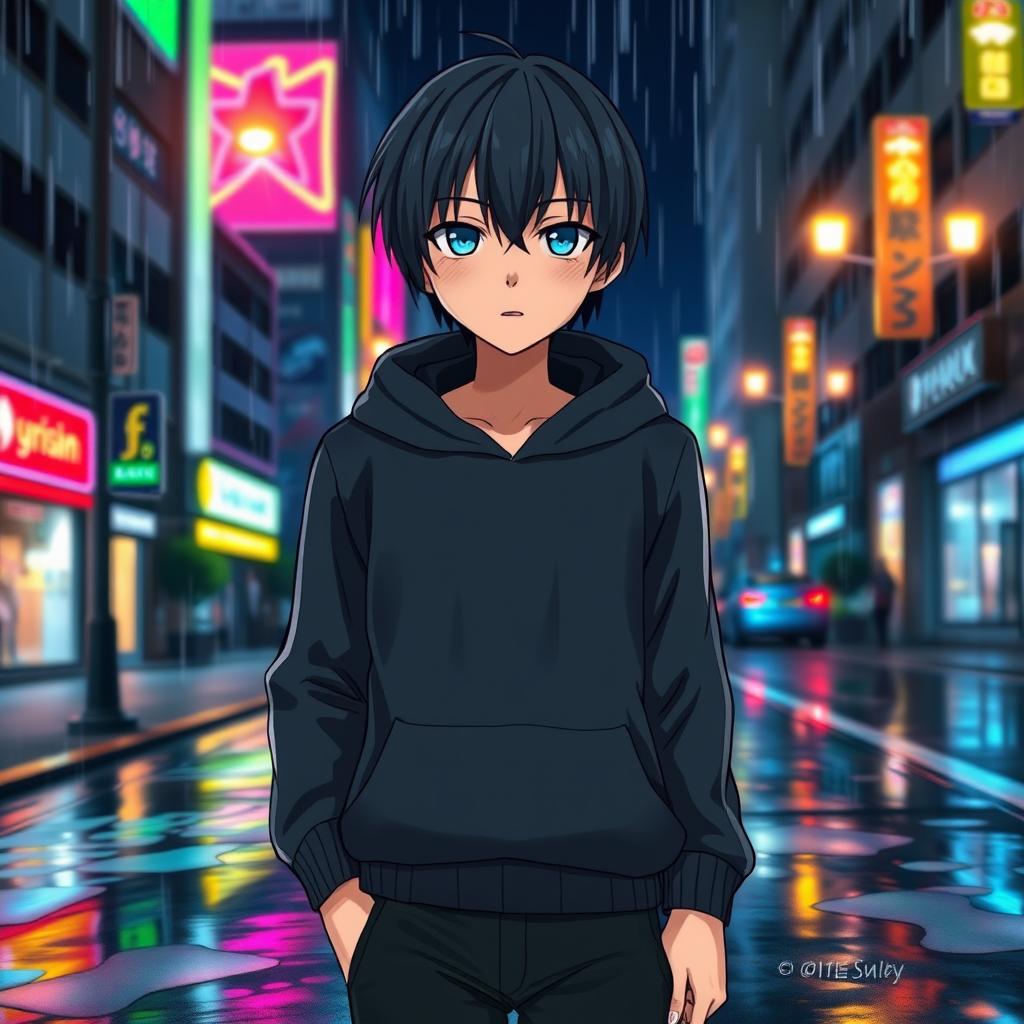 A full-body illustration of a manga-style boy walking down a city street at night