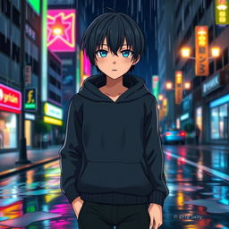 A full-body illustration of a manga-style boy walking down a city street at night