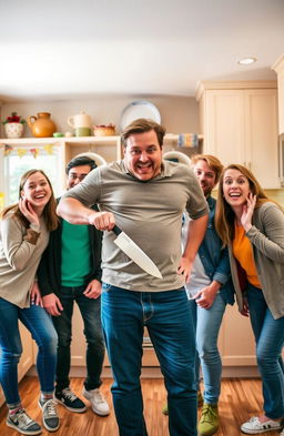 A humorous scene featuring a man standing confidently with a kitchen knife in hand, surrounded by five friends who are all laughing and enjoying the moment