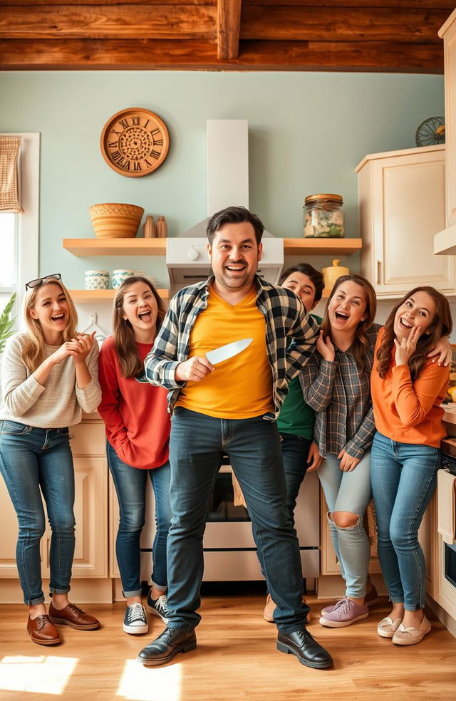 A humorous scene featuring a man standing confidently with a kitchen knife in hand, surrounded by five friends who are all laughing and enjoying the moment