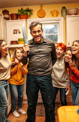 A humorous scene featuring a man standing confidently with a kitchen knife in hand, surrounded by five friends who are all laughing and enjoying the moment