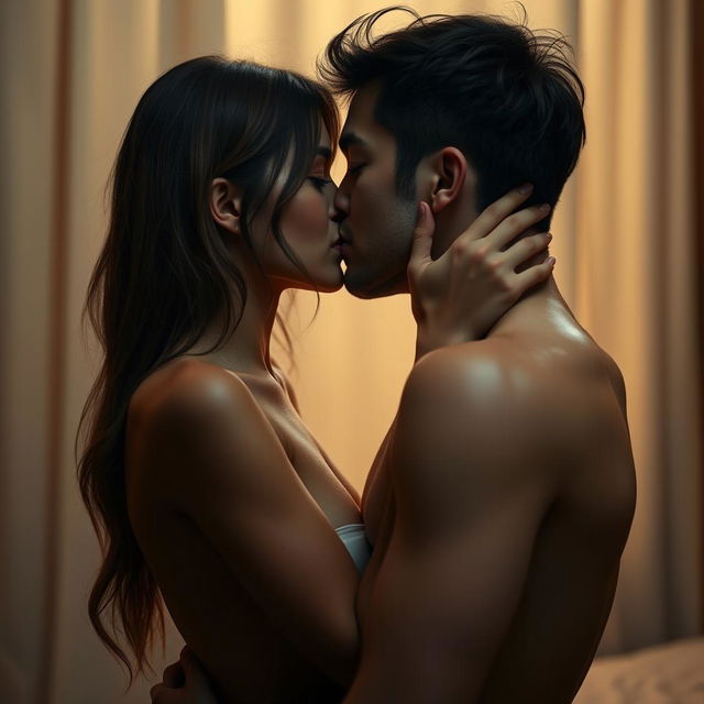 A sensual scene depicting a 25-year-old woman and a 30-year-old man kissing in an intimate manner