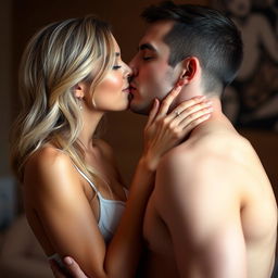 A sensual scene depicting a 25-year-old woman and a 30-year-old man kissing in an intimate manner