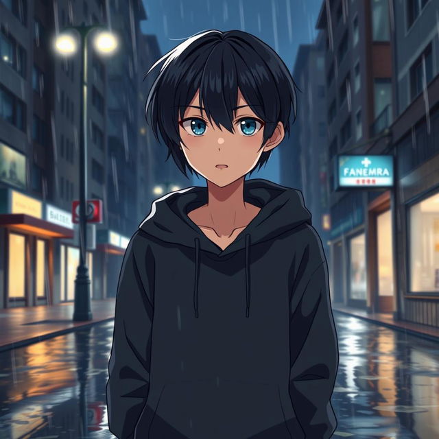 A full body illustration of a manga boy walking down a rainy city street at night