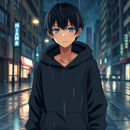 A full body illustration of a manga boy walking down a rainy city street at night