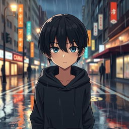 A full body illustration of a manga boy walking down a rainy city street at night