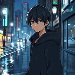 A full body illustration of a manga boy walking down a rainy city street at night