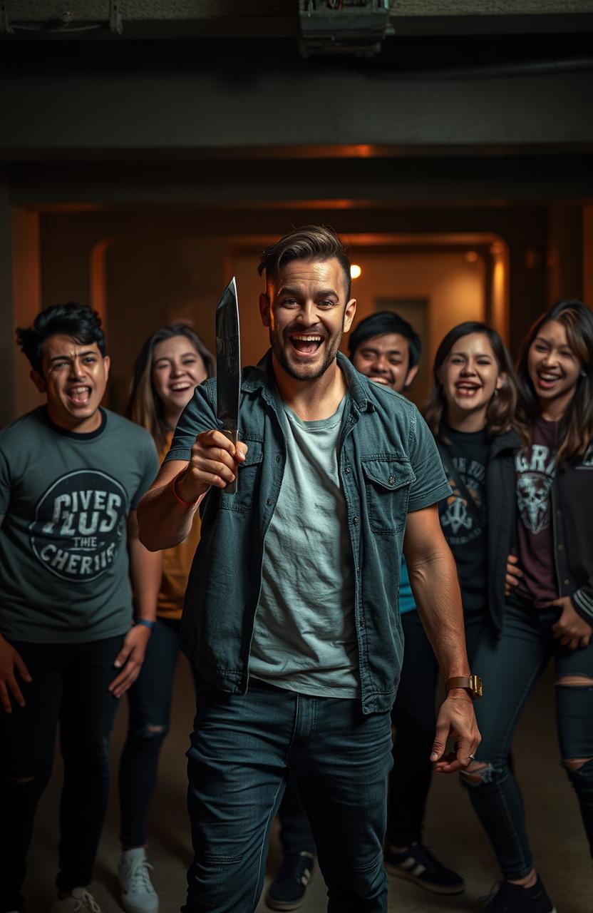 A man standing confidently with a knife in his hand, exuding an aura of thrill and excitement, surrounded by five friends who are watching him intently