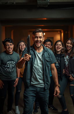 A man standing confidently with a knife in his hand, exuding an aura of thrill and excitement, surrounded by five friends who are watching him intently