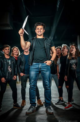 A man standing confidently with a knife in his hand, exuding an aura of thrill and excitement, surrounded by five friends who are watching him intently