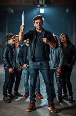 A man standing confidently with a knife in his hand, exuding an aura of thrill and excitement, surrounded by five friends who are watching him intently