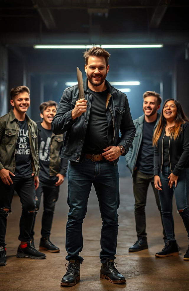 A man standing confidently with a knife in his hand, exuding an aura of thrill and excitement, surrounded by five friends who are watching him intently