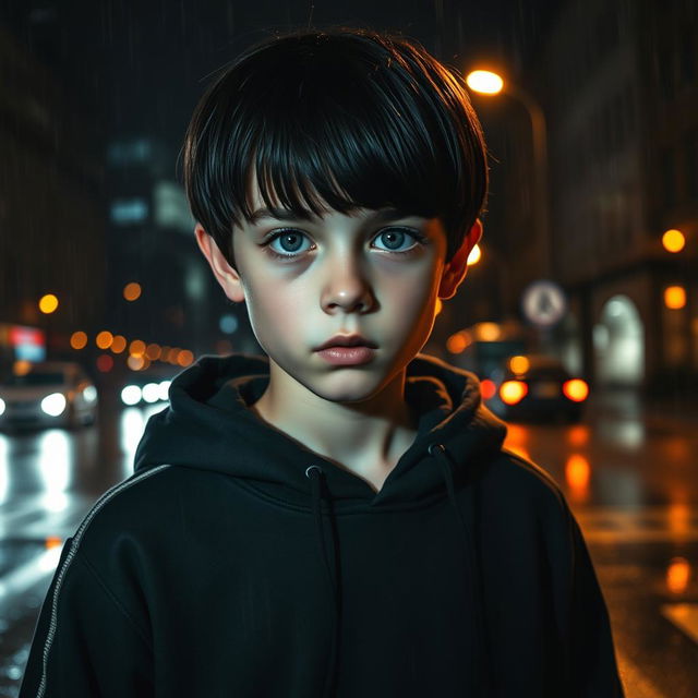 A boy walking in the street at night, captured in full body view