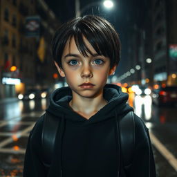 A boy walking in the street at night, captured in full body view