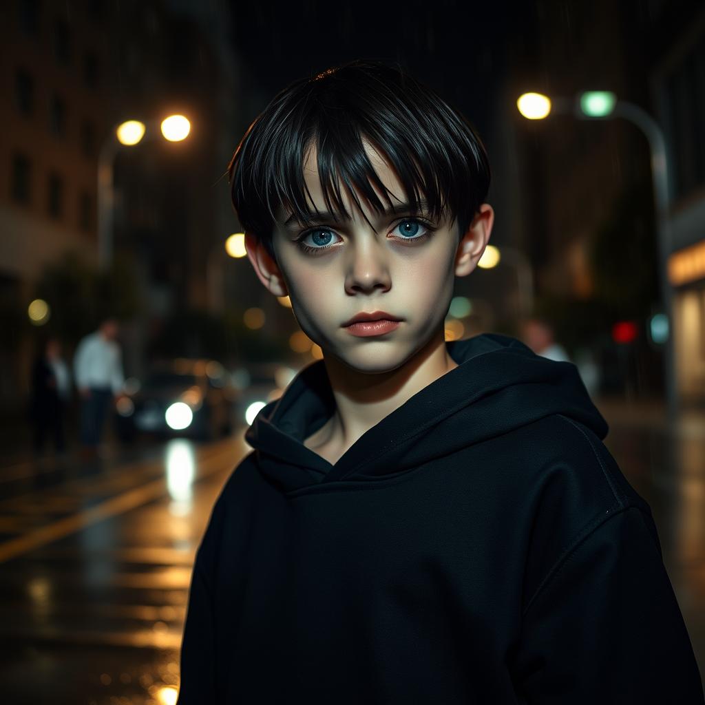 A boy walking in the street at night, captured in full body view