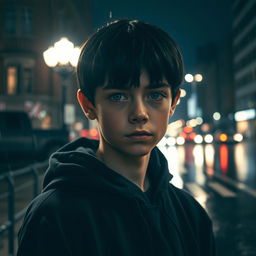A boy walking in the street at night, captured in full body view