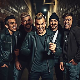 A man standing confidently with a knife in his hand, a look of thrill and excitement on his face, surrounded by five friends