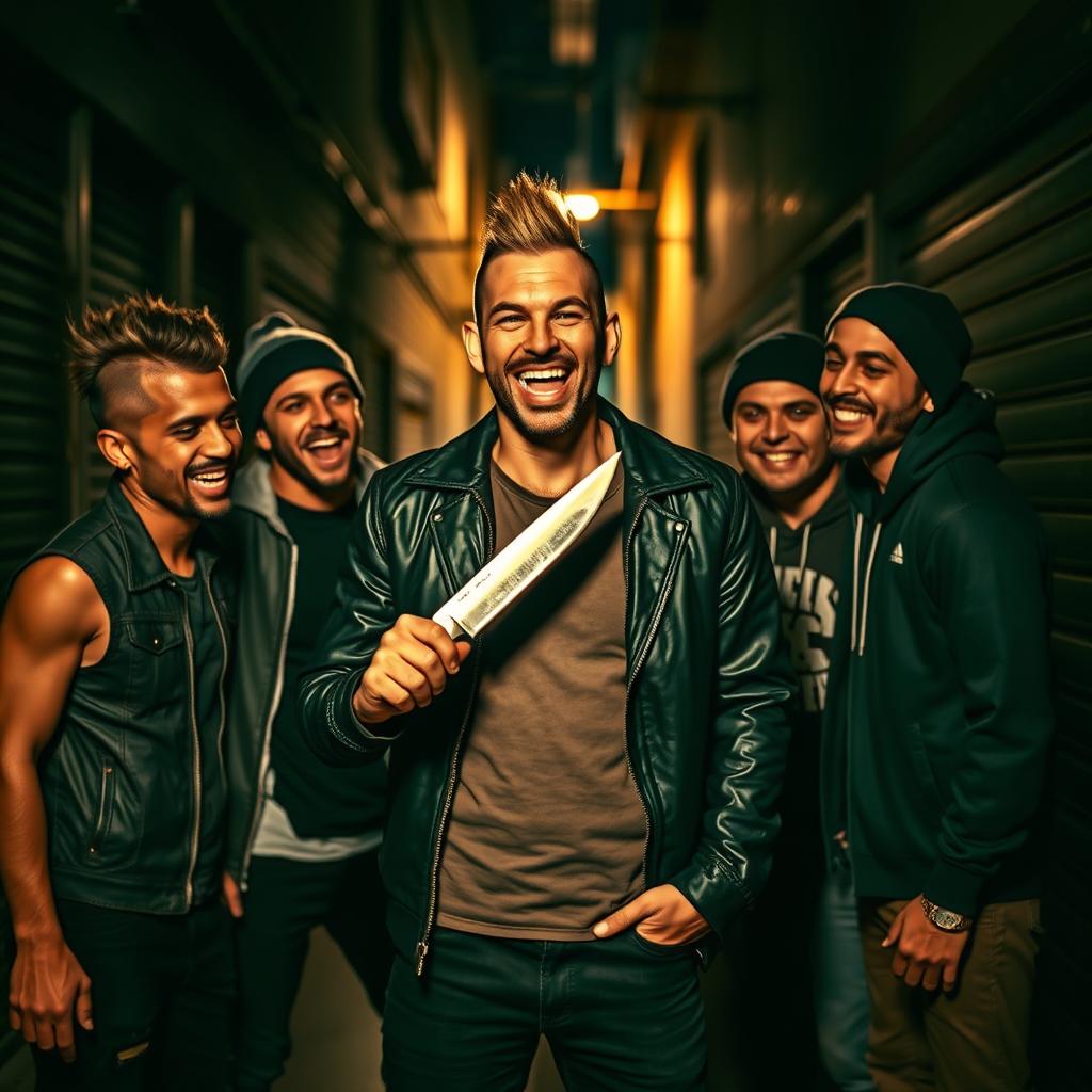 A man standing confidently with a knife in his hand, a look of thrill and excitement on his face, surrounded by five friends