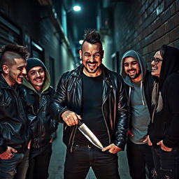 A man standing confidently with a knife in his hand, a look of thrill and excitement on his face, surrounded by five friends
