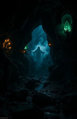 A dark, mysterious haunted cave with flickering torches lighting the damp stone walls