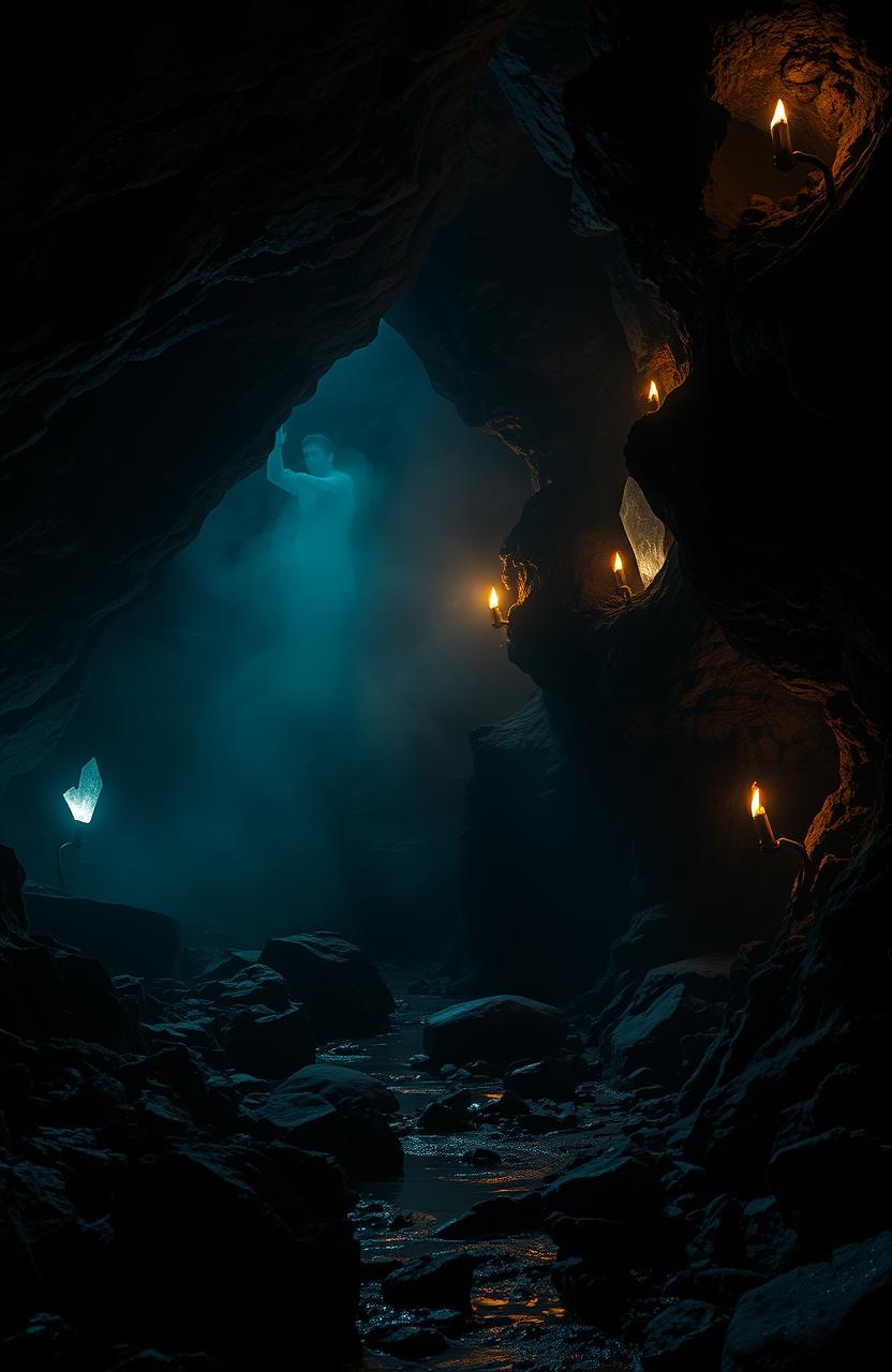 A dark, mysterious haunted cave with flickering torches lighting the damp stone walls