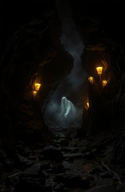 A dark, mysterious haunted cave with flickering torches lighting the damp stone walls
