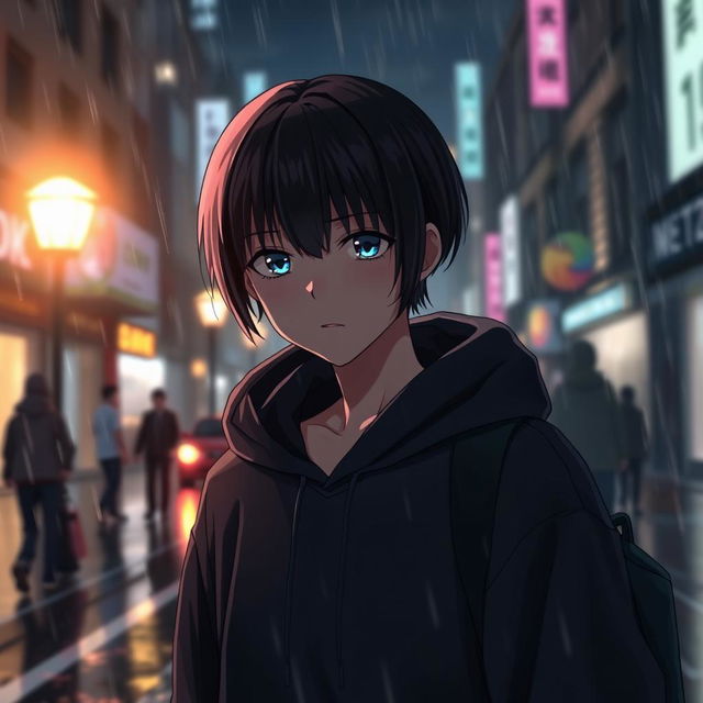 A full body image of a Japanese anime boy walking in a rainy city street at night