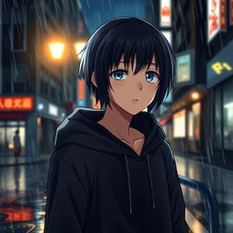 A full body image of a Japanese anime boy walking in a rainy city street at night
